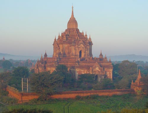 Pagoda from a hot air balloon in Bagan, Myanmar