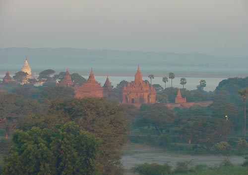 Pagoda from a hot air balloon in Bagan, Myanmar