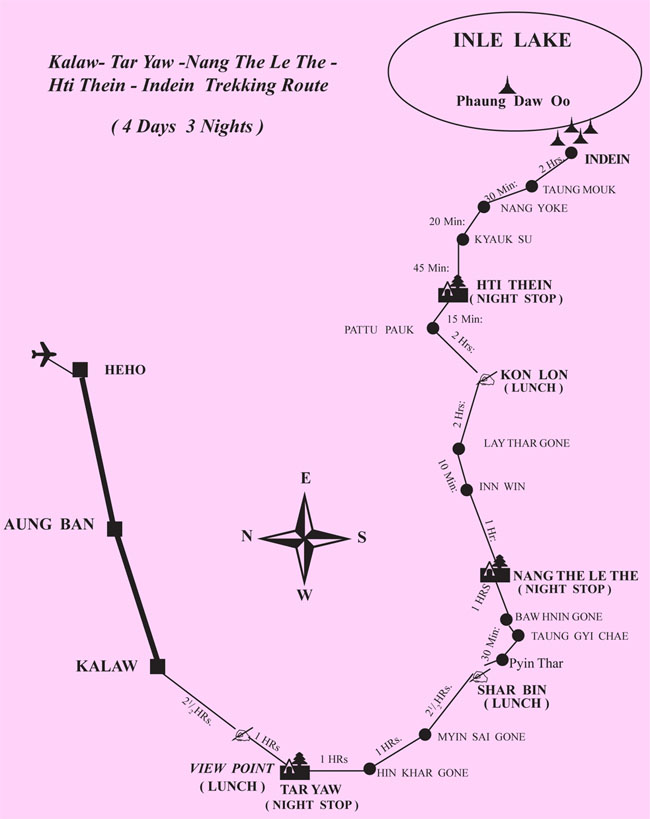 map trek kalaw indein lac inle birmanie 4 jours 3 nuits