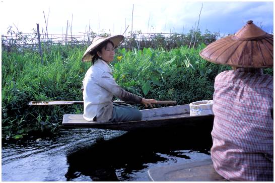 Sellers of flowers in dugouts on the lake inle