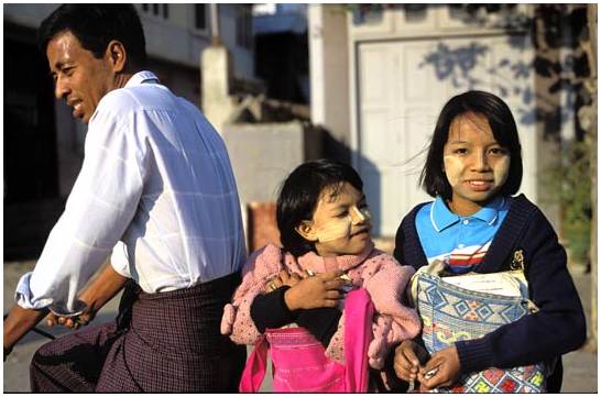 Children with tanaka makeup doing  bicycle in Mandalay