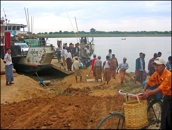 Irrawaddy river crossing with a public boat near Pakkhoku in Myanmar 