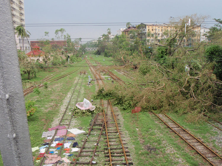 arbres sur les voies de la gare de yangon apres le passage du cyclone nargis
